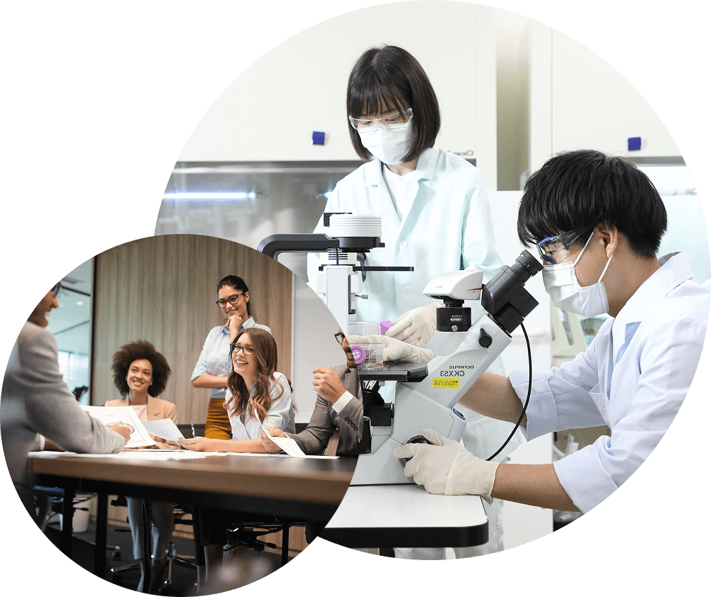 Scientists and office staff working together to uphold quality, compliance, and shared goals